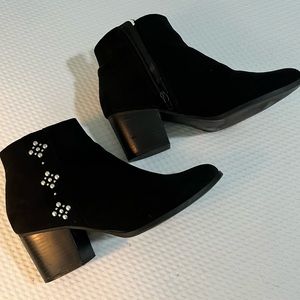 Boots, suede-like, silver accents on side , side zip, 2 “ heel
